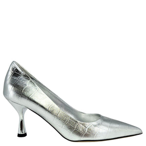 Silver croc-texture leather moc-toe high heel pump with slim stiletto heel