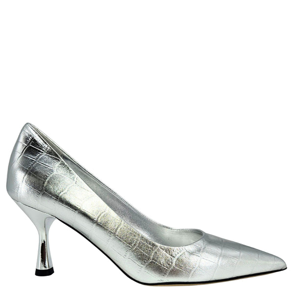 Silver croc-texture leather moc-toe high heel pump with slim stiletto heel