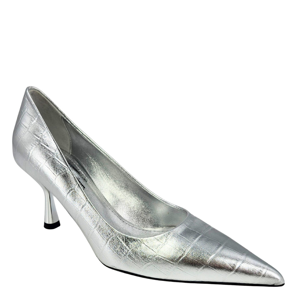 Silver croc-texture leather moc-toe high heel pump with slim stiletto heel