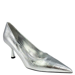 Silver croc-texture leather moc-toe high heel pump, pointed-toe stiletto