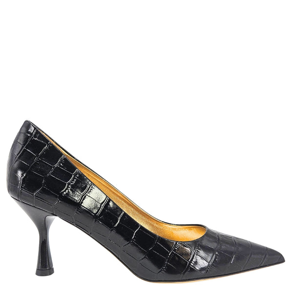 Black croc-embossed leather pointed-toe high-heel pump with stiletto heel