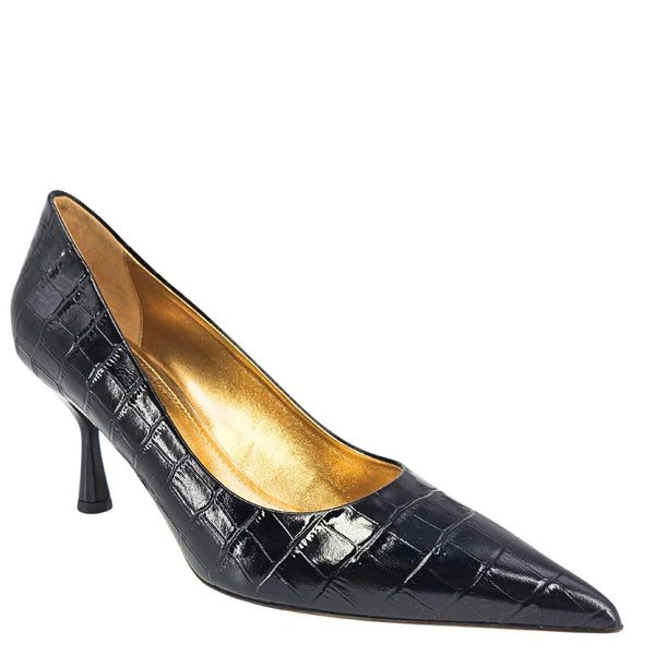 Black croc-embossed leather pointed-toe pump with stiletto heel, slip-on