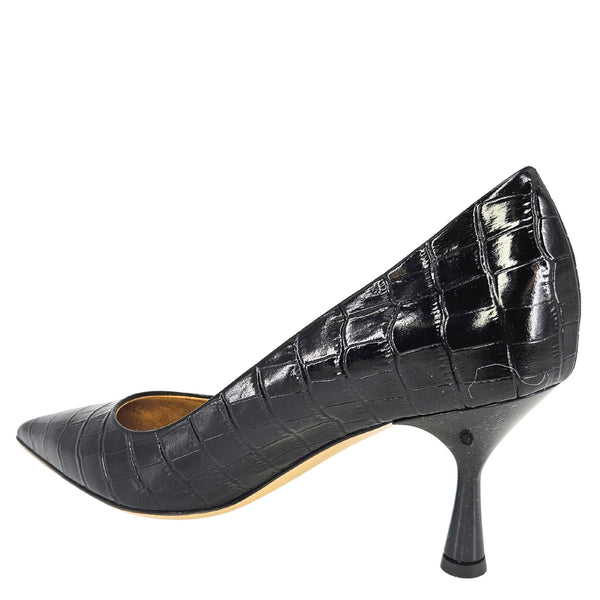 Black croc-embossed leather pointed-toe pump with slim stiletto heel