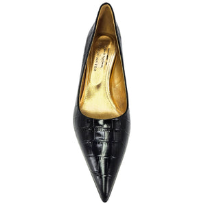 Black croc-embossed leather pointed-toe pump with gold-toned interior