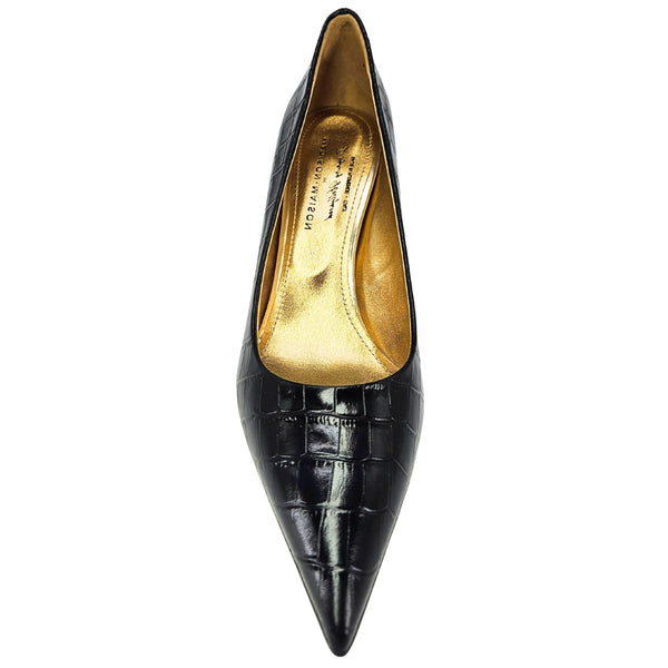 Black croc-embossed leather pointed-toe pump with gold-toned interior