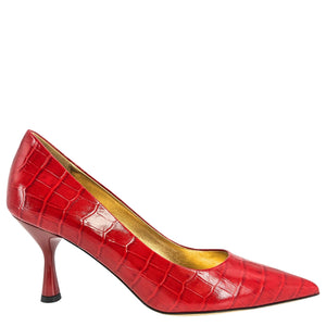 Red crocodile-embossed leather high-heel pump with pointed toe and slim stiletto