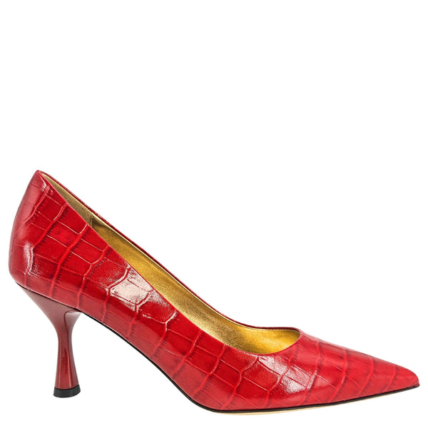 Red crocodile-embossed leather high-heel pump with pointed toe and slim stiletto