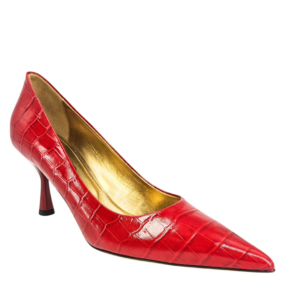 Red crocodile-embossed leather high-heel pump with pointed toe and slim stiletto