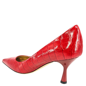 Red crocodile-embossed leather pointed-toe pump with slim stiletto heel