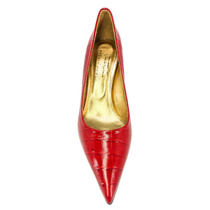 Red crocodile-embossed pointed-toe pump with slim stiletto heel, front view