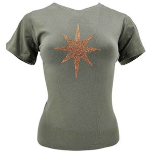 Khaki/copper star graphic T-shirt, short sleeves, crew neck