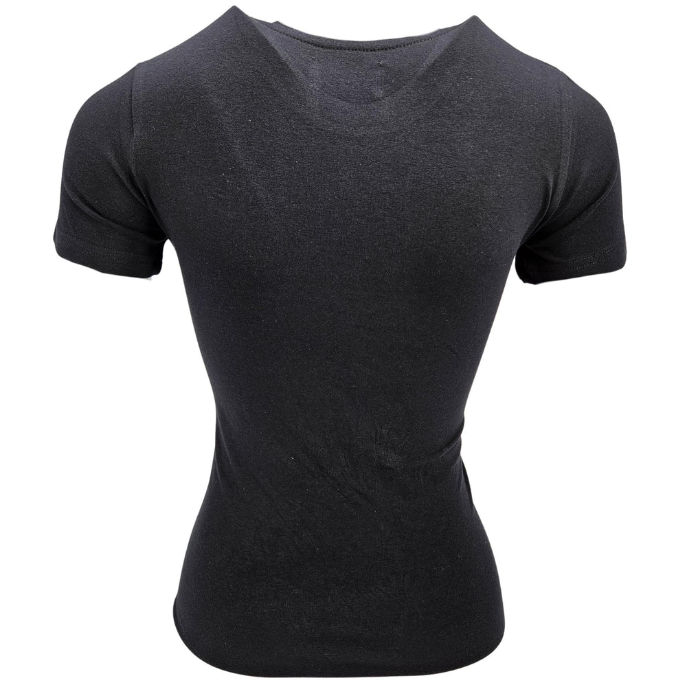 Black T-shirt with fuchsia star graphic on front