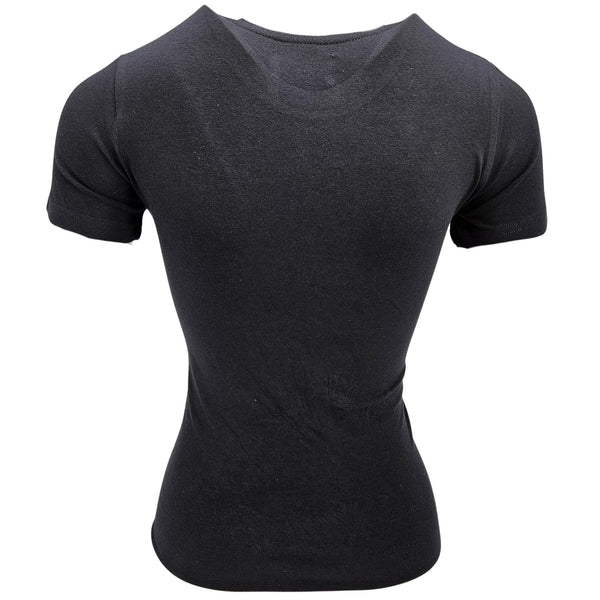 Black plain T-shirt with short sleeves and crew neck