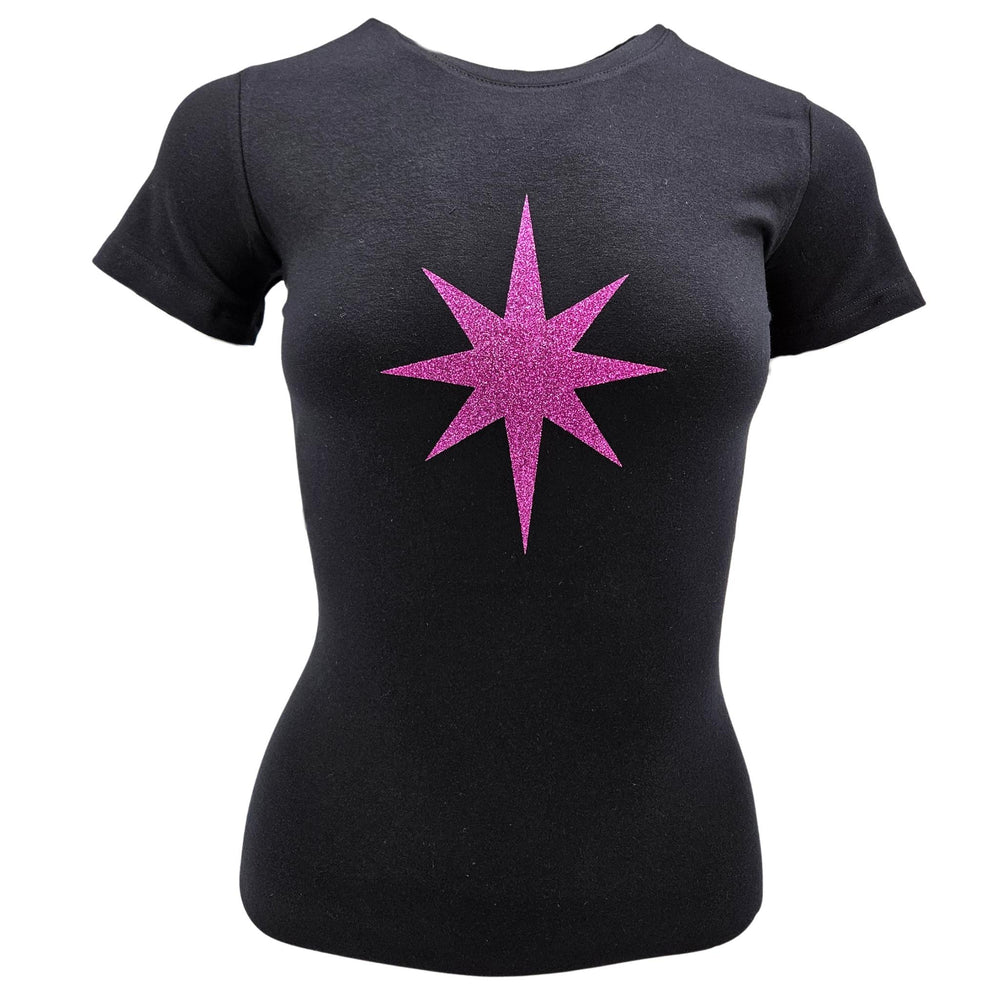 Black T-shirt with fuchsia star graphic on front