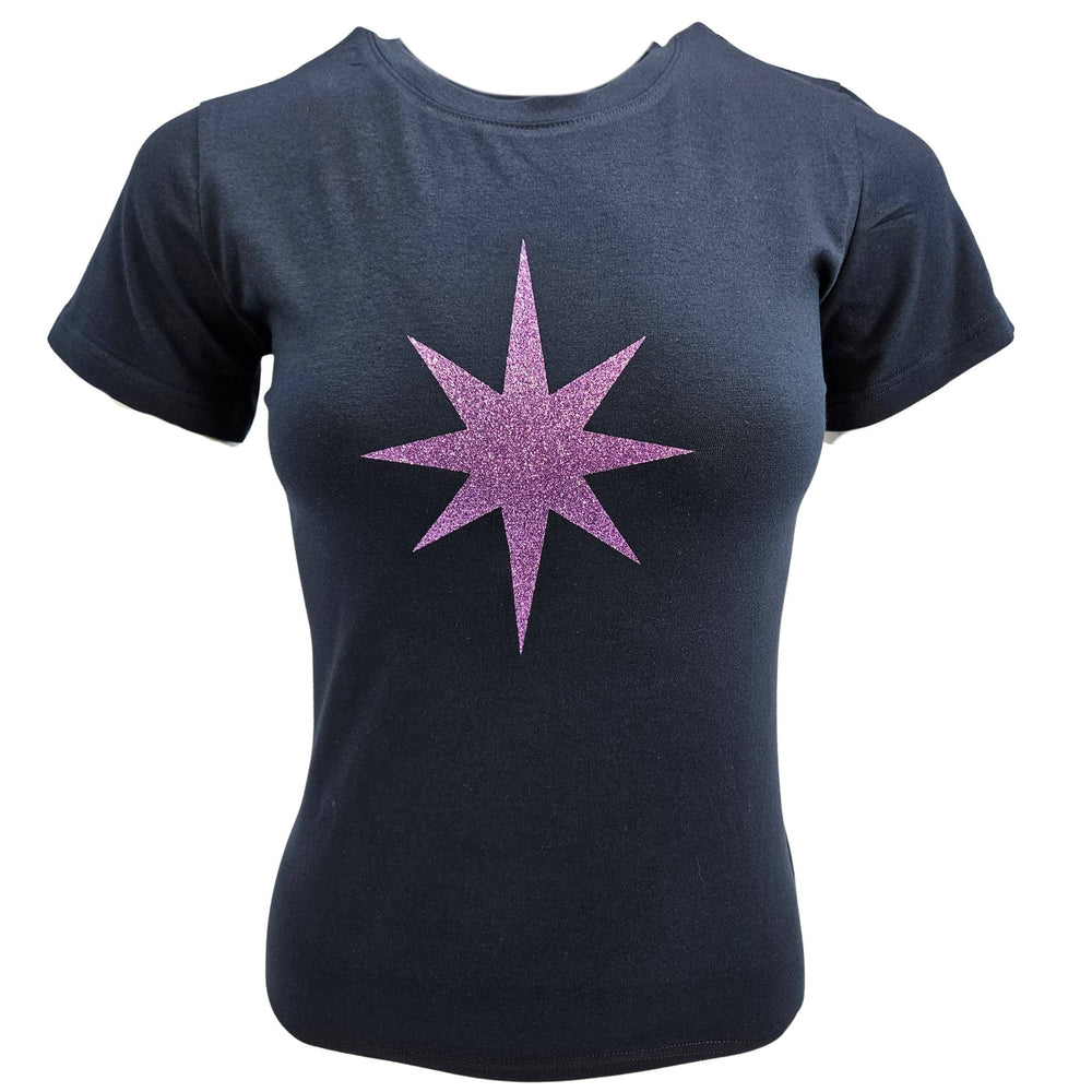 Navy crewneck T-shirt with lavender glitter star graphic