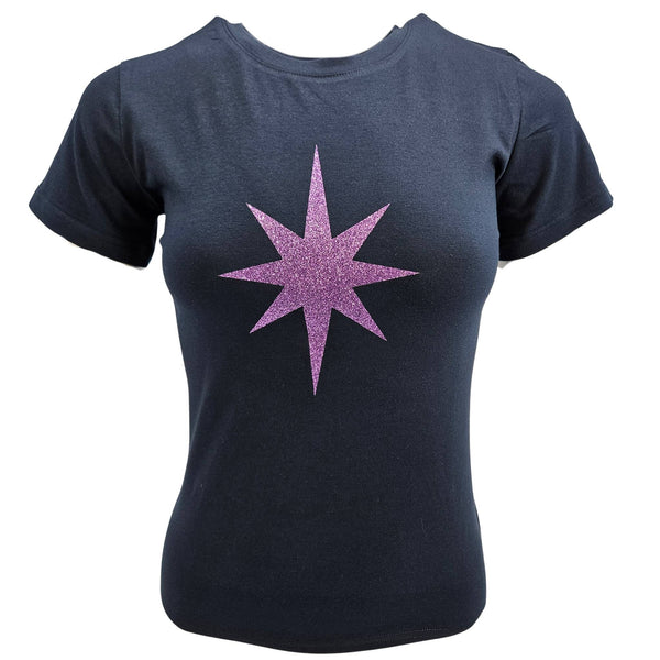 Navy crewneck T-shirt with lavender glitter star graphic