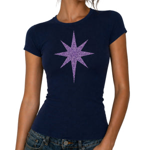 Navy crewneck T-shirt with lavender glitter star front design