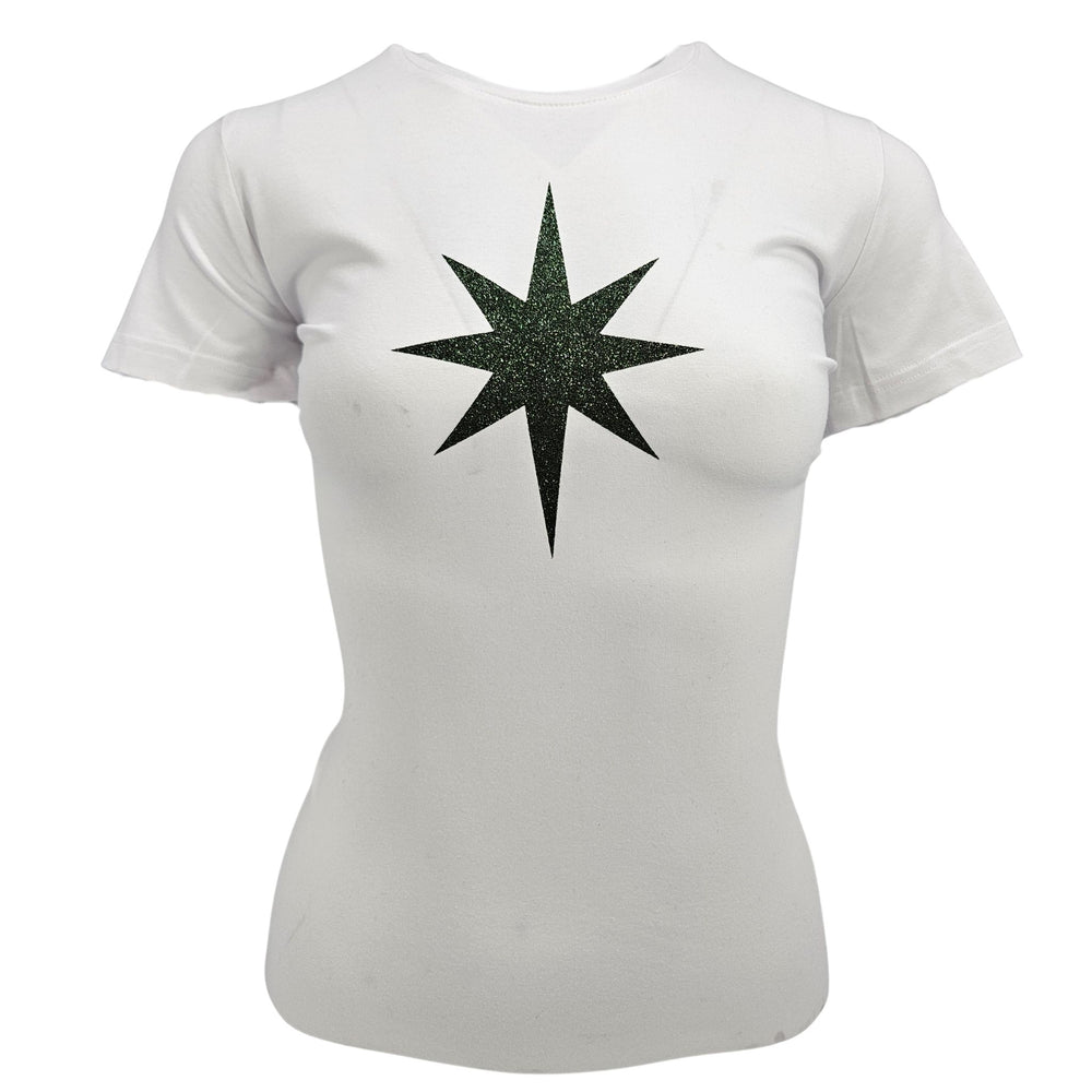 White crew-neck T-shirt with large emerald green star graphic on front