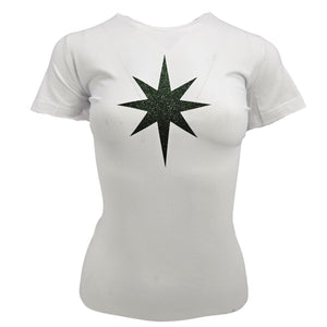 White crew-neck T-shirt with large emerald green star graphic on front