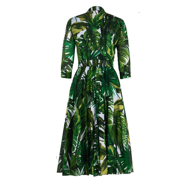 Green palm-print midi dress with collared V-neck, fitted waist, 3/4 sleeves