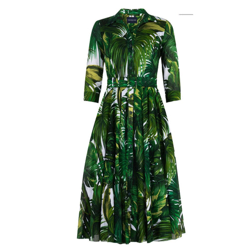 Green palm-print midi dress with collared neckline, flared skirt, 3/4 sleeves