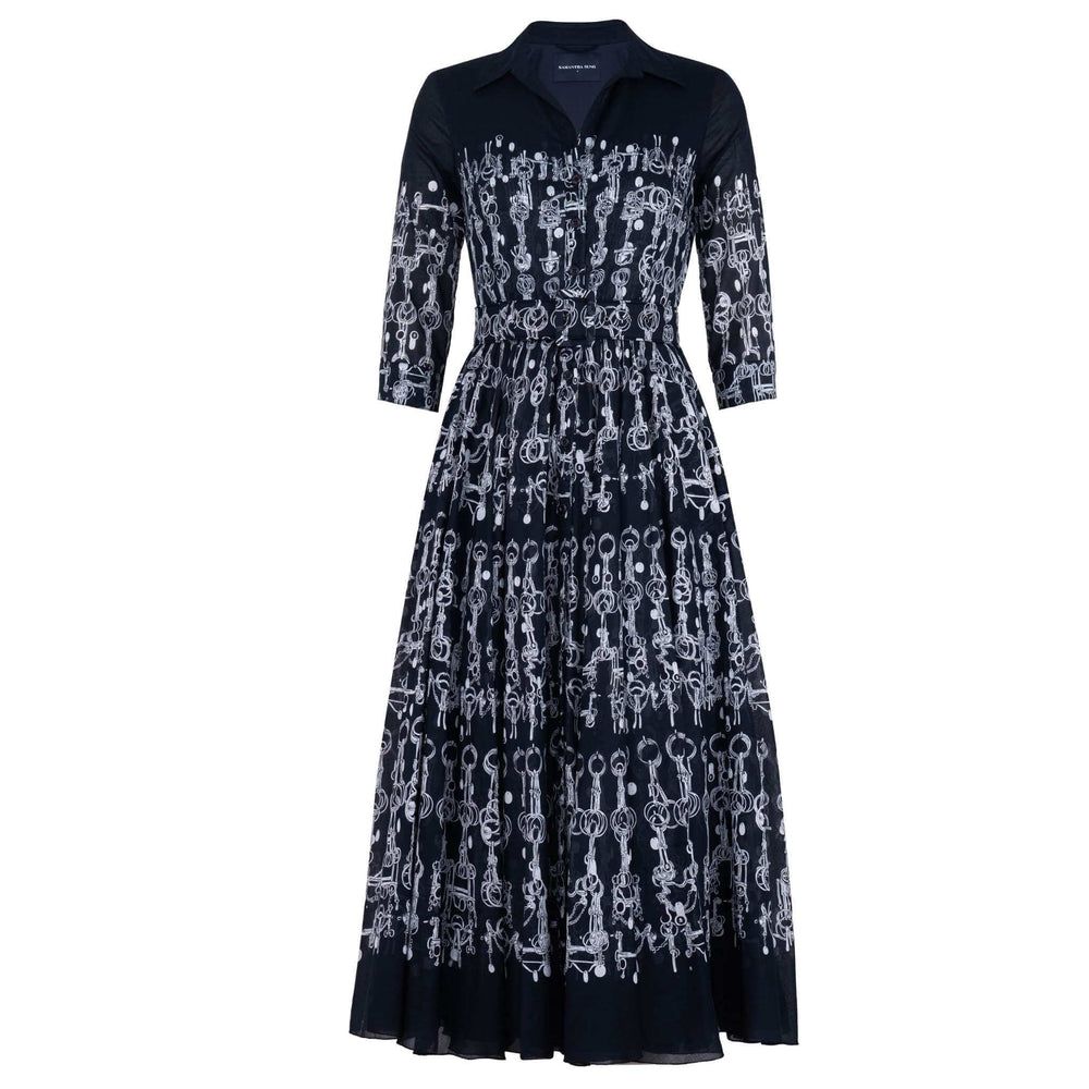 Deep indigo horse-chain print long-sleeve midi dress, gathered waist, button front