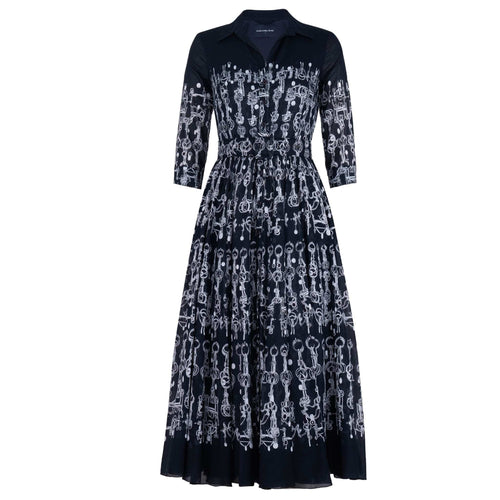 Deep indigo horse-chain print long-sleeve midi dress, gathered waist, button front