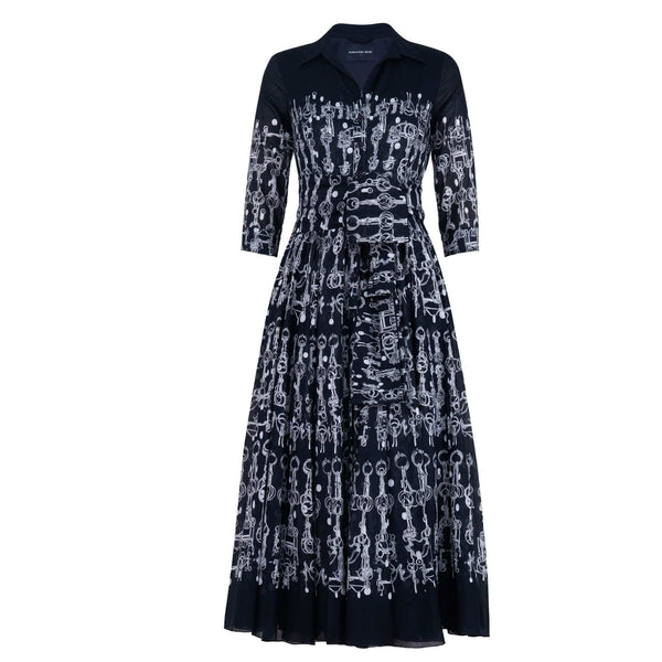 Deep indigo horse-chain print long-sleeve midi dress with gathered waist and skirt flare