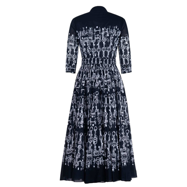 Deep indigo horse-chain print long-sleeve midi dress, gathered back yoke, full skirt