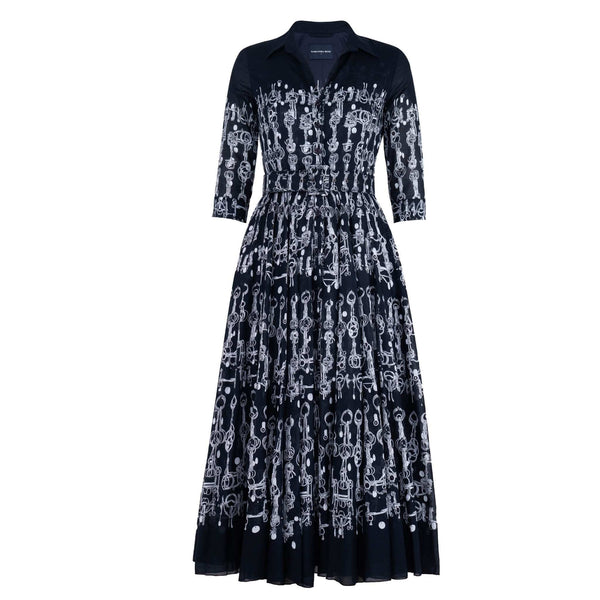 Deep indigo horse-chain print long-sleeve midi dress, button-front style, gathered waist