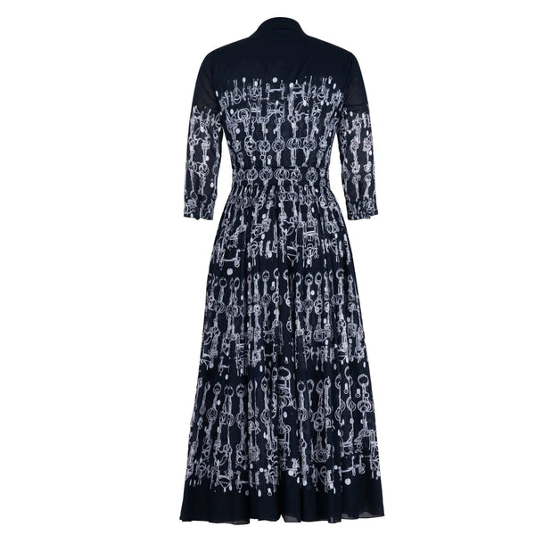 Deep indigo horse-chain print long-sleeve midi dress, back view, gathered waist, pleated skirt