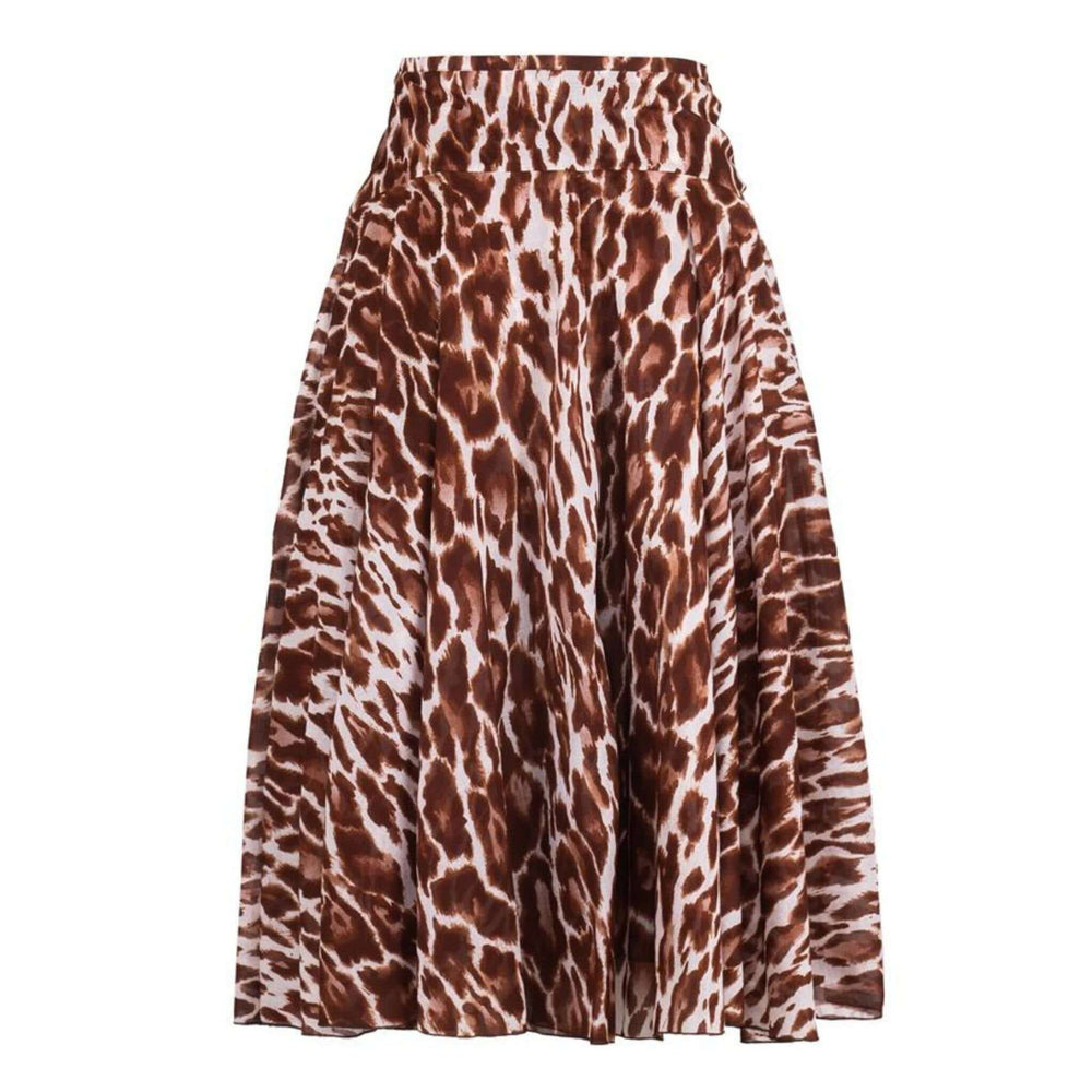 Beige leopard-print midi skirt with gathered yoke and flowing A-line hem