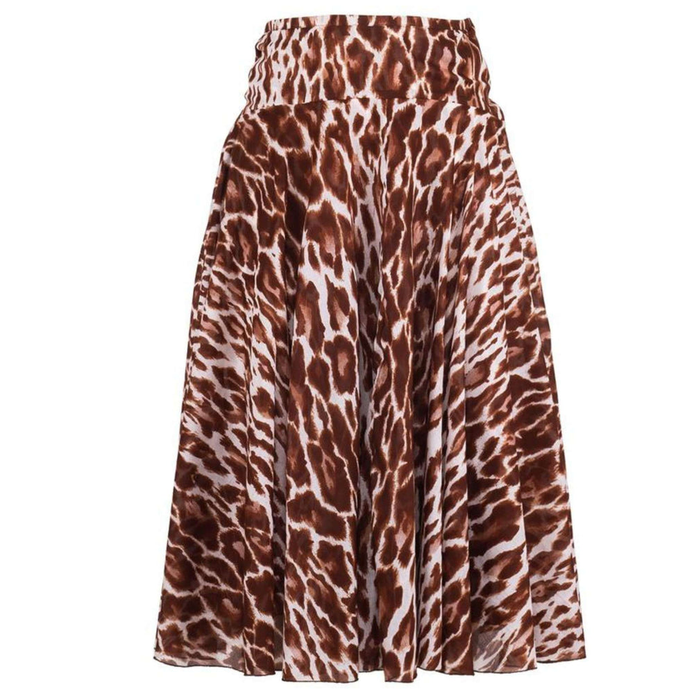 Beige leopard-print midi skirt with gathered yoke and flowing A-line hem