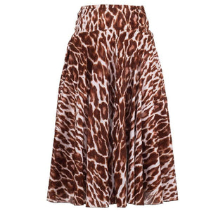 Brown-and-cream leopard-print midi skirt with elastic waist and gathered yoke