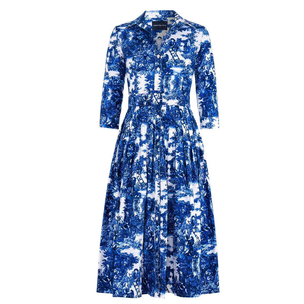 Blue/white toile print dress, button-front shirt collar, 3/4 sleeves, fitted waist