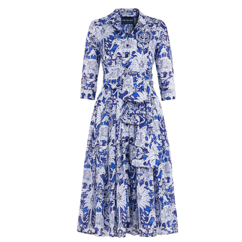 Cobalt blue long-sleeve collared dress with elephant bandana print and tiered skirt