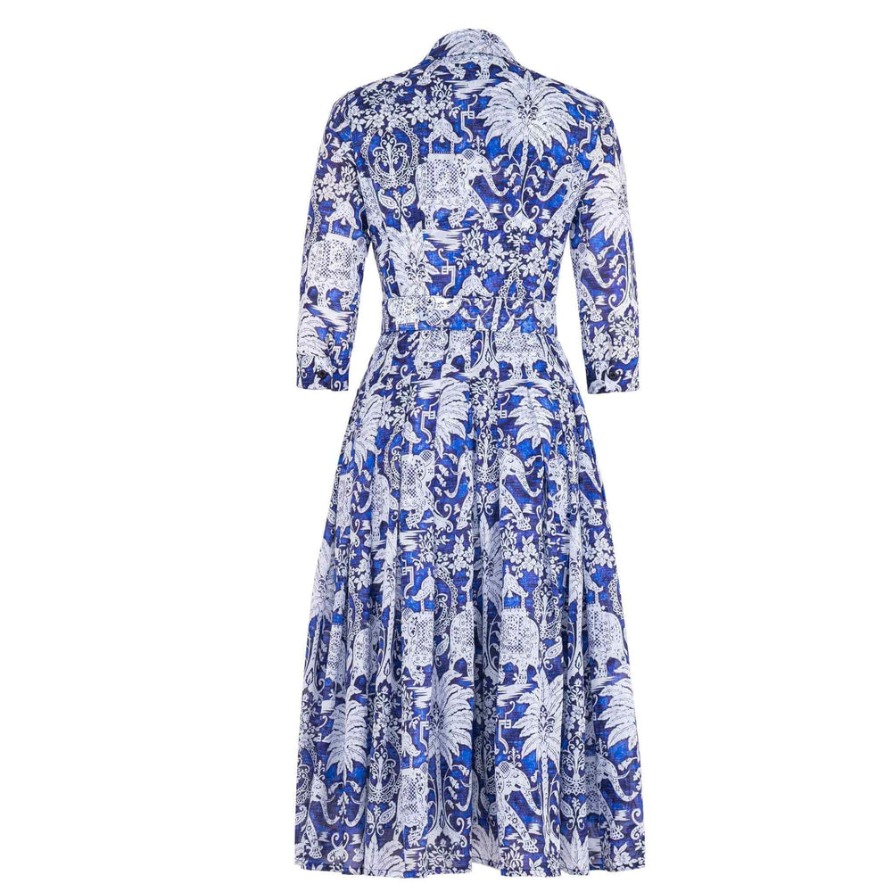 Cobalt blue long-sleeve collared dress with elephant bandana print and tiered skirt