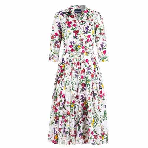 White floral tiered midi dress with 3/4 sleeves and collared button-front