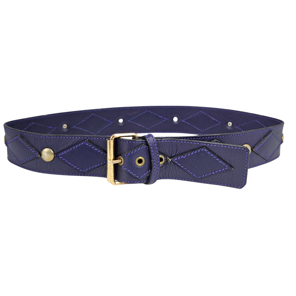 Purple stud belt with gold buckle, diamond-quilted leather panels, round rivets