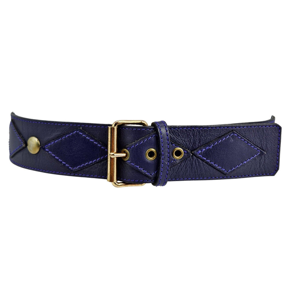 Purple stud belt with gold buckle, diamond-quilted leather panels, round rivets