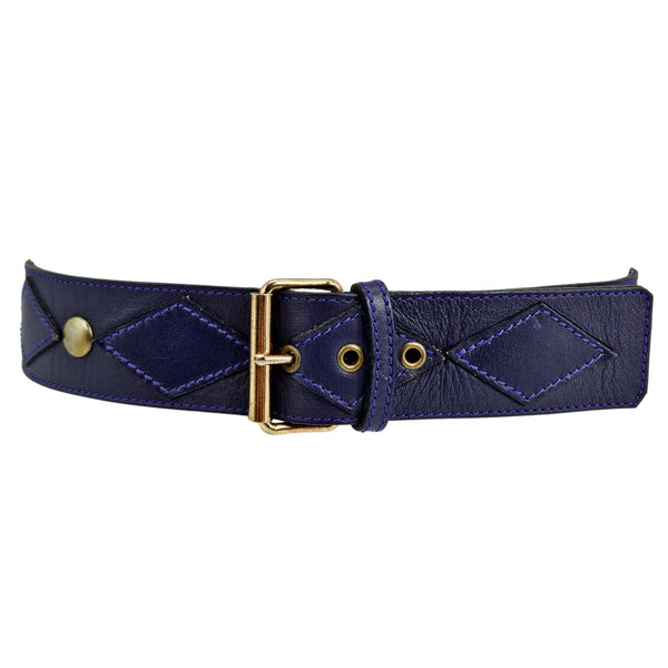 Purple stud belt with gold buckle, diamond-quilted leather panels, round rivets