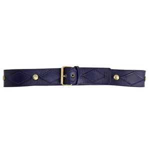 Purple stud belt with quilted diamond pattern, gold buckle and metal grommets