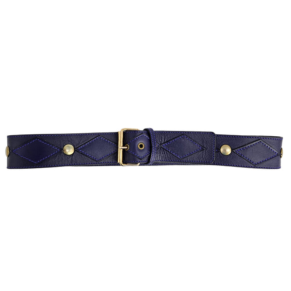 Purple stud belt with quilted diamond pattern, gold buckle and metal grommets