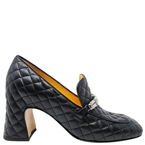 Black quilted leather loafer with block heel and buckle strap