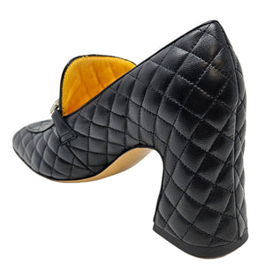 Black quilted leather loafer with block heel and curved strap detail