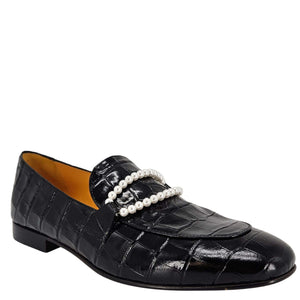 Black croc-embossed leather flat loafer with faux pearl strap across toe