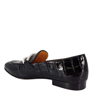 Black croc-embossed leather flat loafer heel view with faux pearl strap