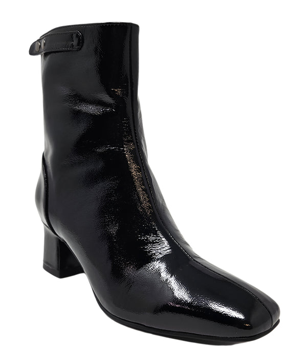 Black patent leather zip-up ankle boot with chunky block heel, side profile