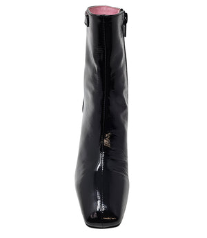 Black patent leather zip-up boot with tall shaft, rounded toe, side seam