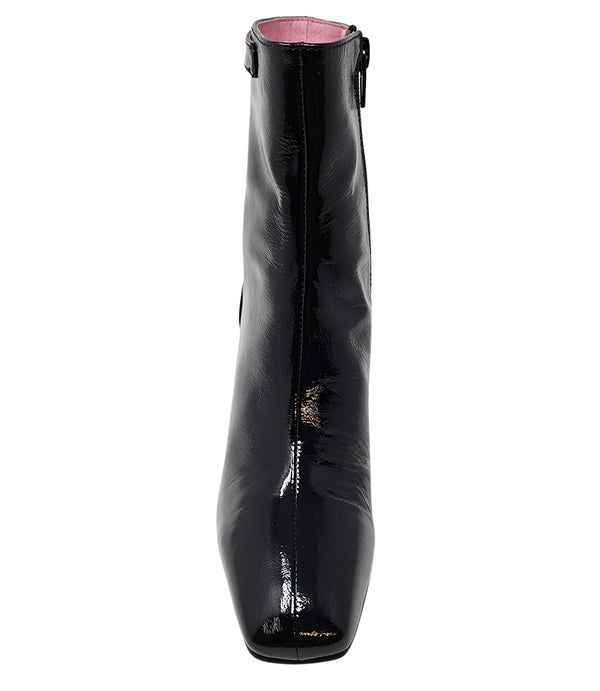 Black patent leather zip-up boot with tall shaft, rounded toe, side seam